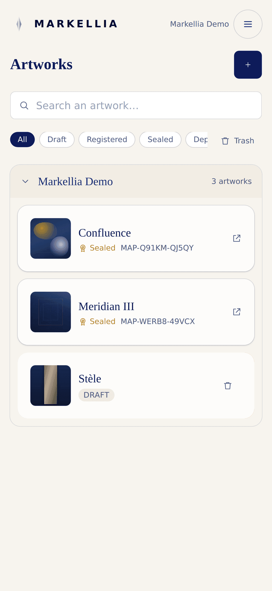 Screenshot of the Passport app: the artwork collection, with two sealed passports and a draft.