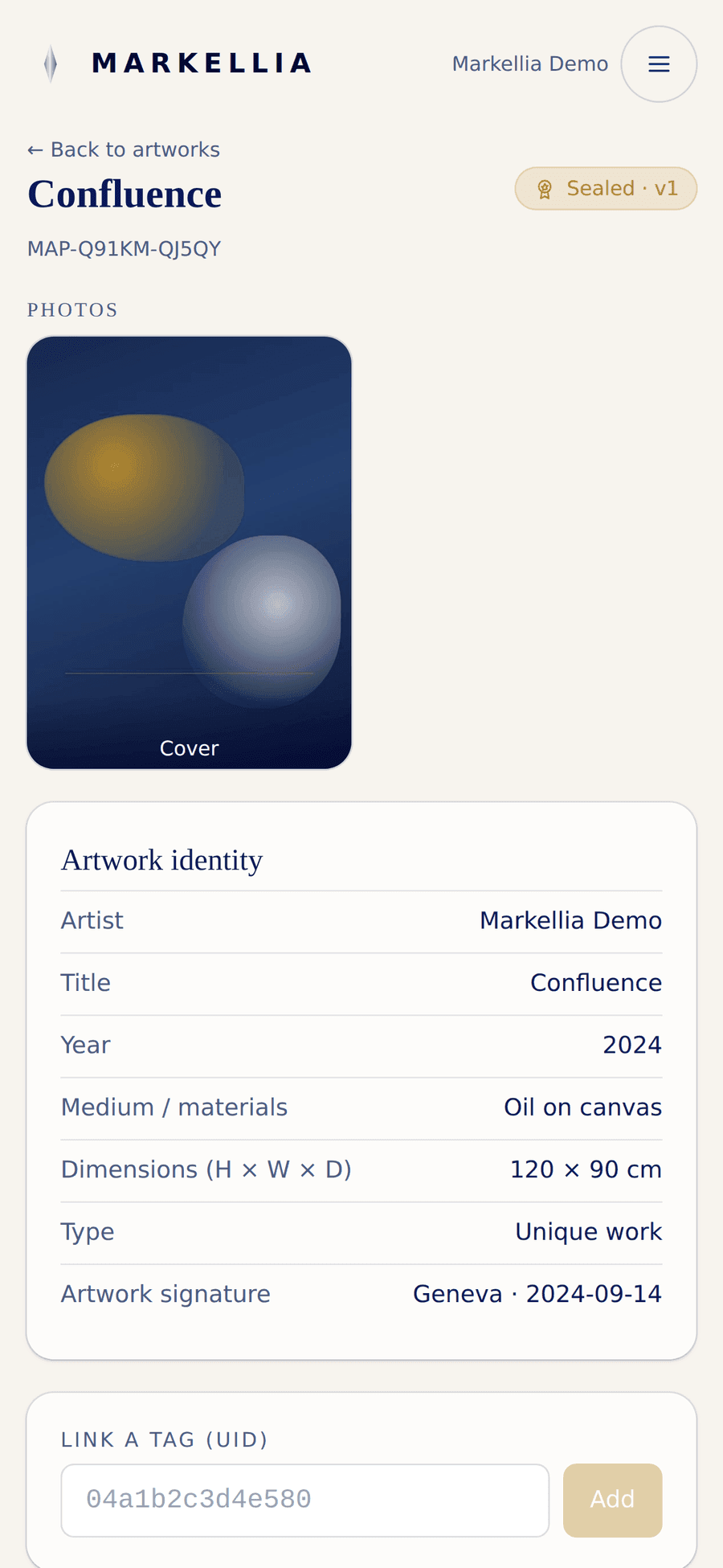 Screenshot of the Passport app: the sealed record of the artwork “Confluence”, version 1, with its photo and identity.